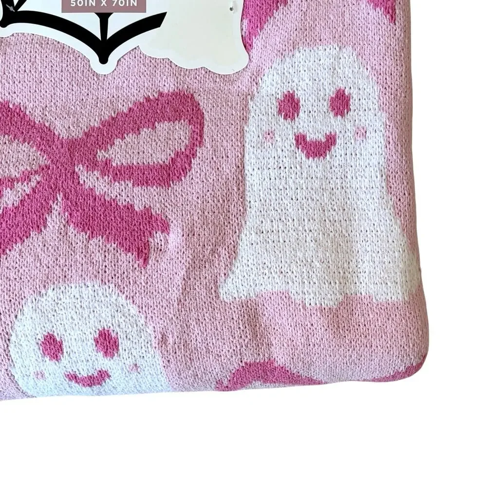 New ENVOGUE Ghost Bow Throw 50x70 Chic Plush Pink Halloween Cozy Girly Blanket